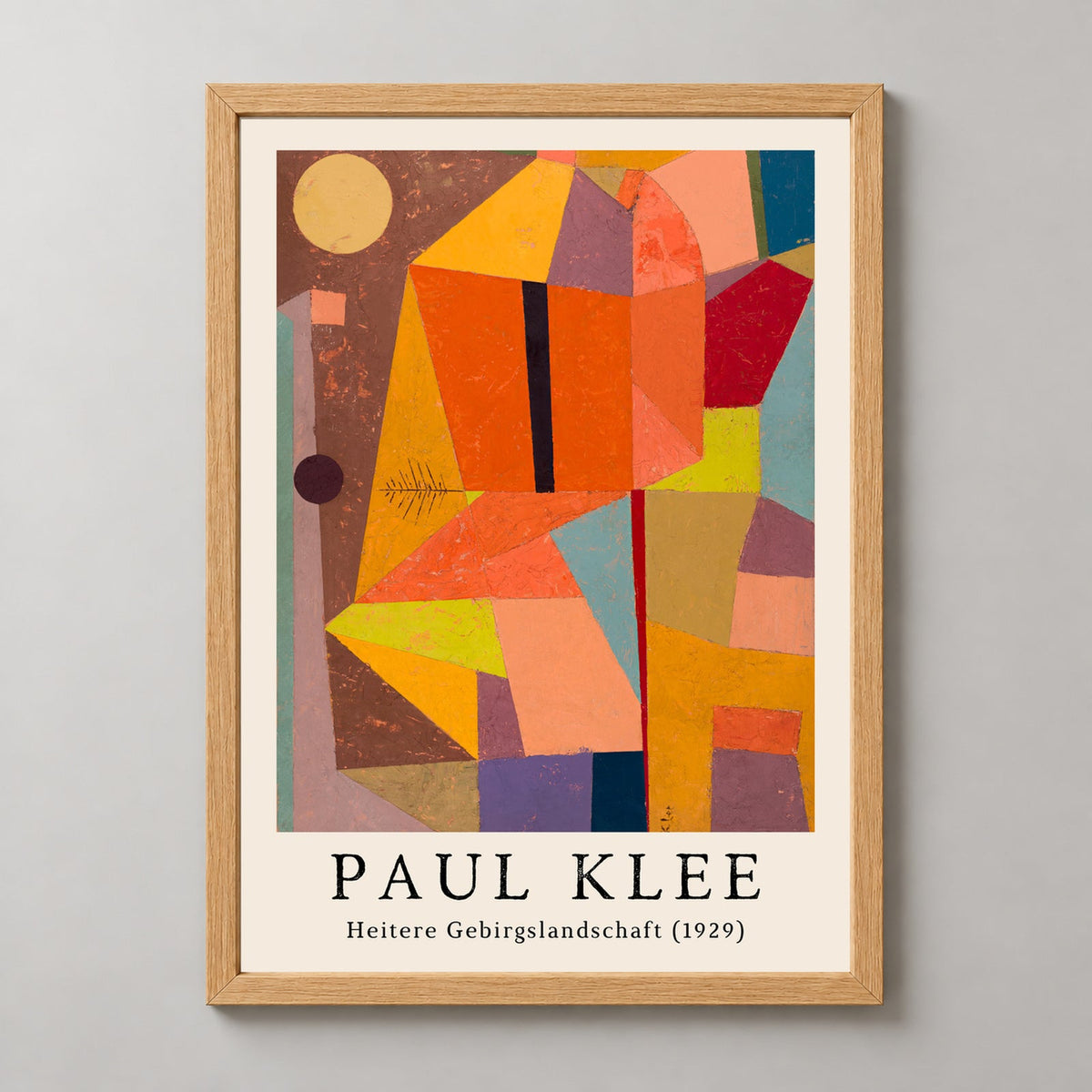 Paul Klee's Heitere Gebirgslandschaft (1929) - Vibrant Abstract Art Print — realistic natural wood frame studio view