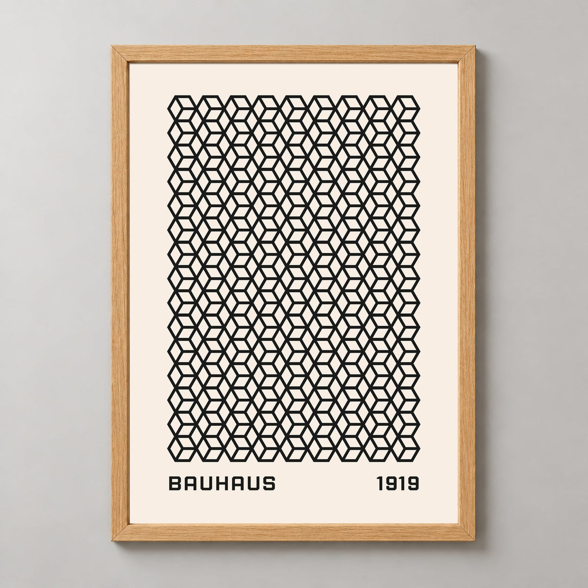 Bauhaus 1919 Geometric Print - Iconic Art Deco Design — realistic natural wood frame studio view
