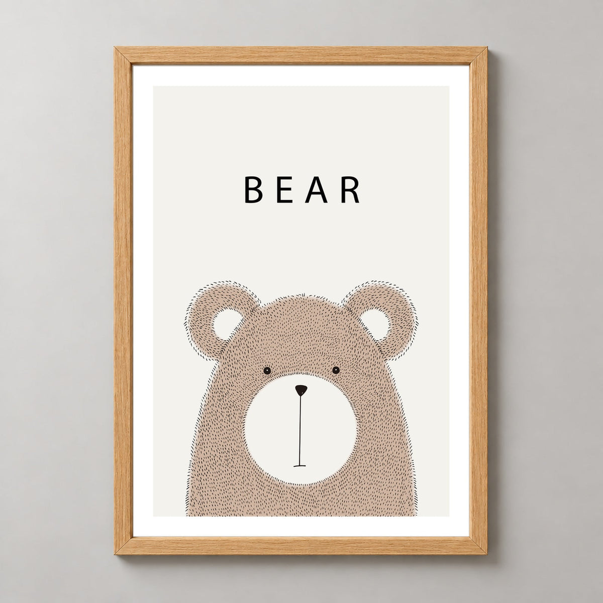 Minimalist Bear Illustration - Cute Animal Art Print — realistic natural wood frame studio view