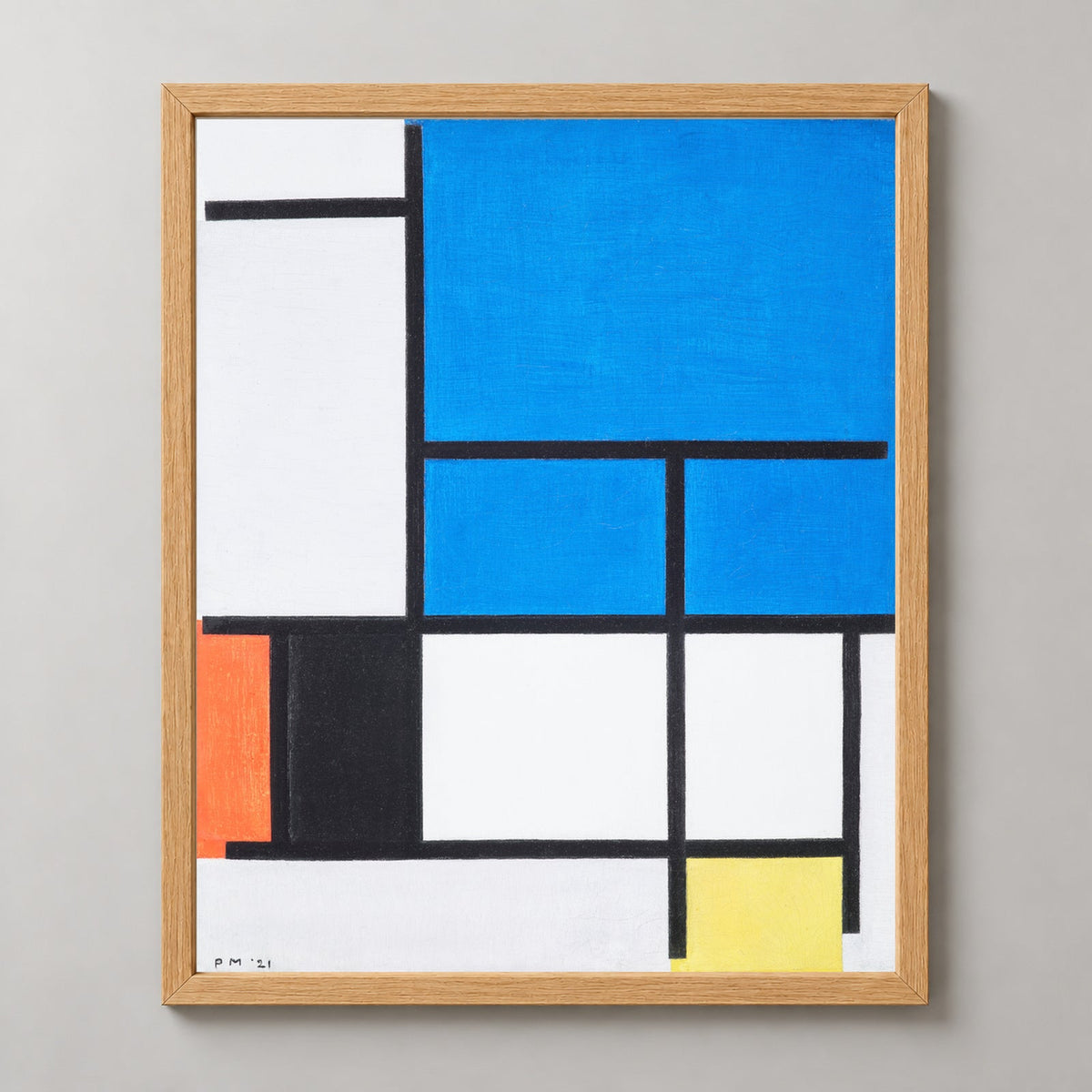 Piet Mondrian Composition with Blue, Black and Yellow — realistic natural wood frame studio view