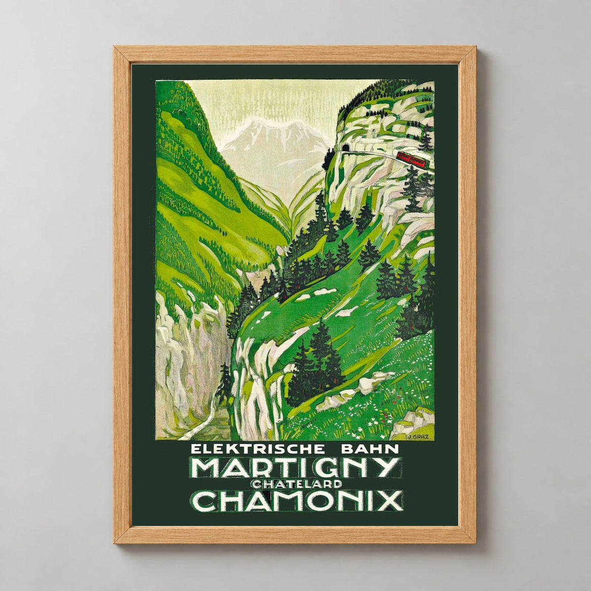 Vintage Elektirsche Bahn Martigny Chamonix Art Print by J. Graz — realistic natural wood frame studio view