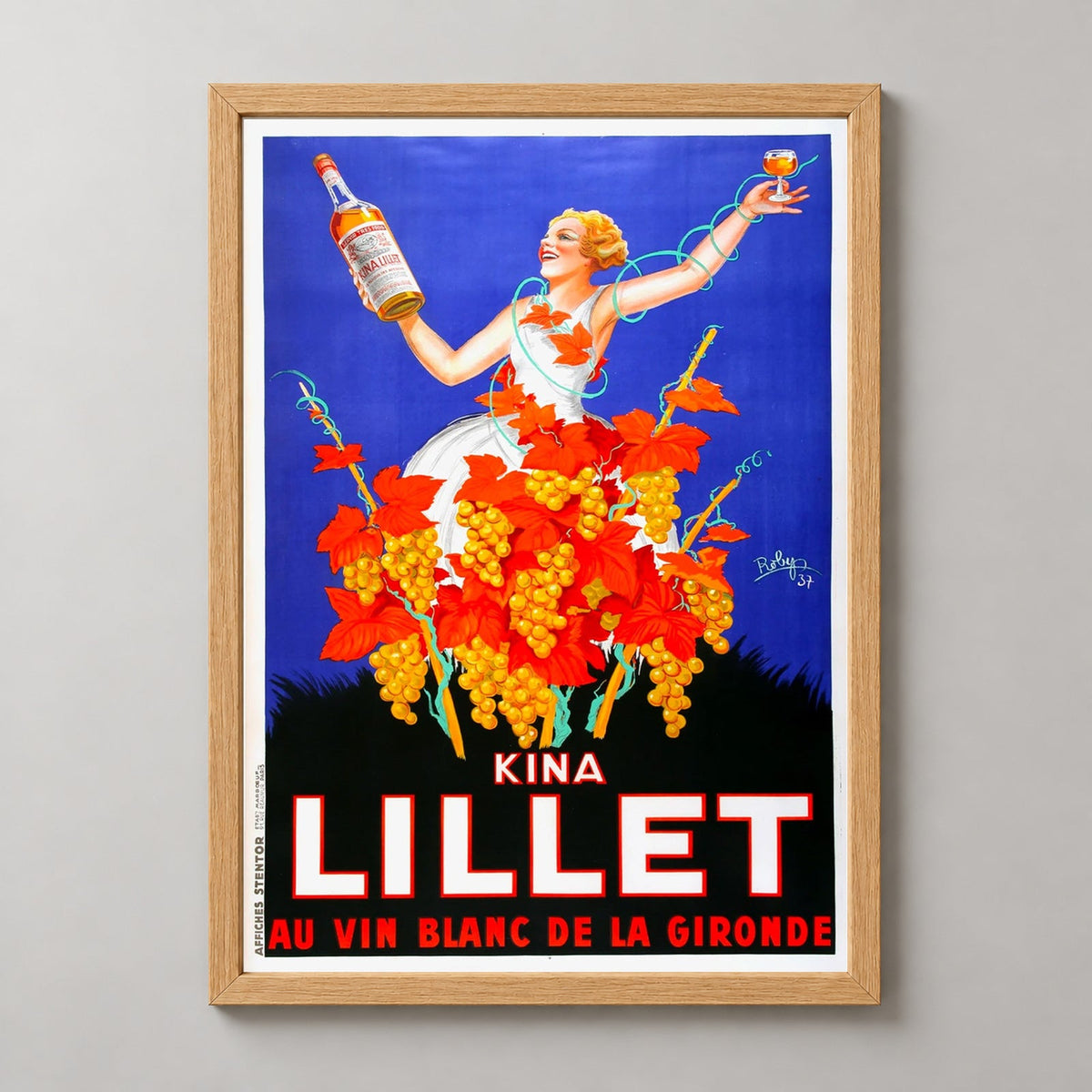 Kina Lillet Vintage Poster by Roby - 1937 French Advertising Art — realistic natural wood frame studio view