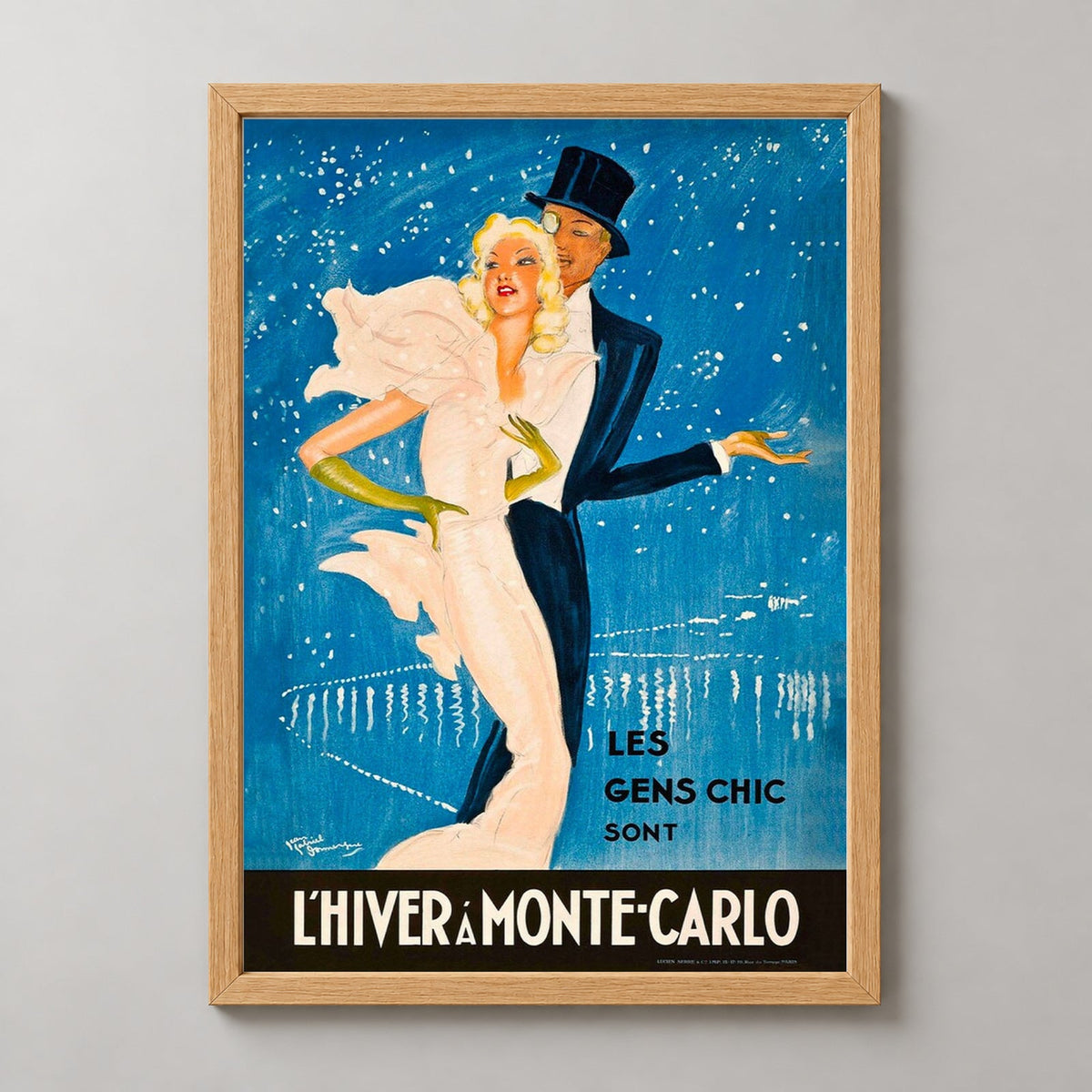 L'Hiver à Monte-Carlo - Chic Vintage Dance Poster by Jean-Gabriel Domergue — realistic natural wood frame studio view