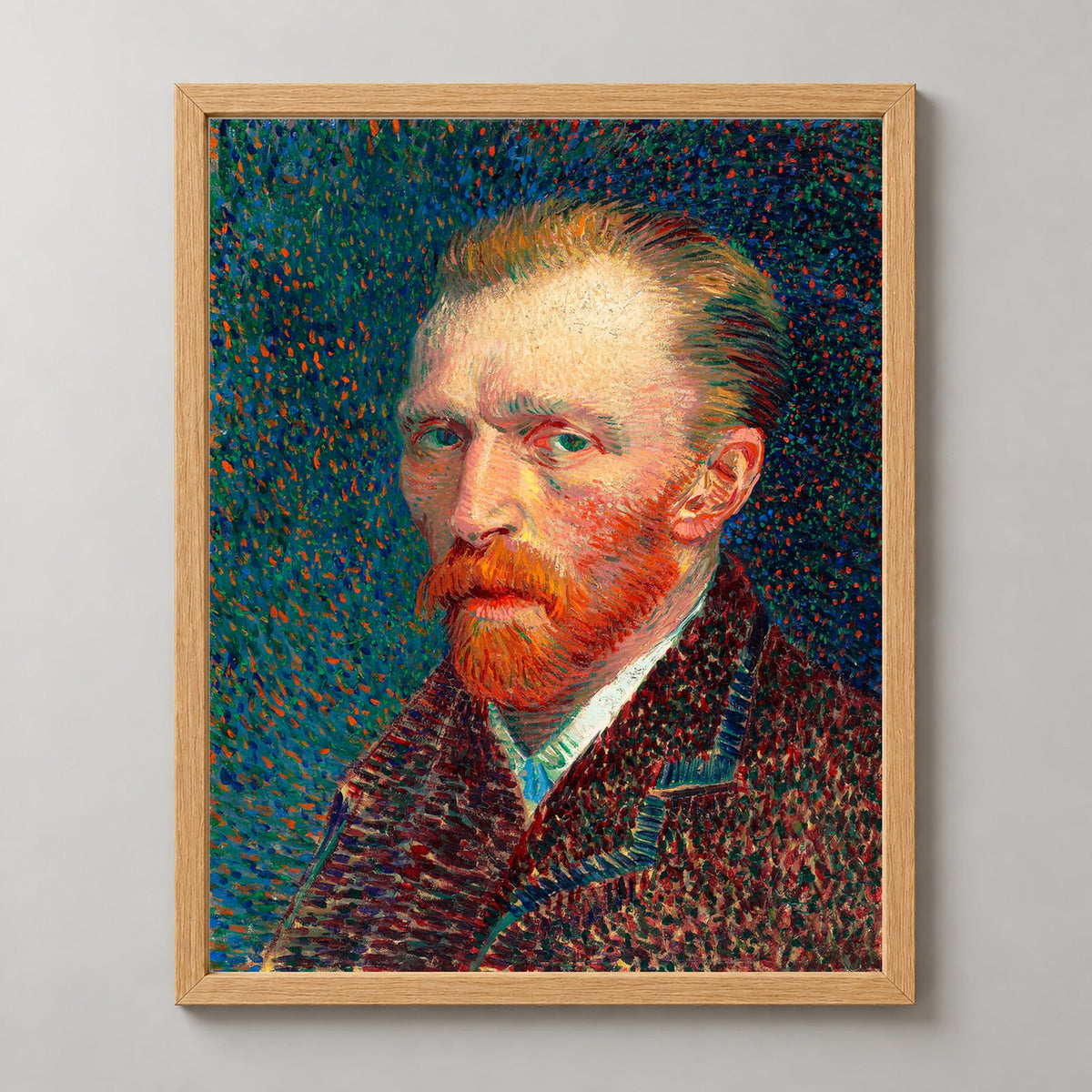 Vincent van Gogh's Self-Portrait - Iconic Post-Impressionist Art Print — realistic natural wood frame studio view