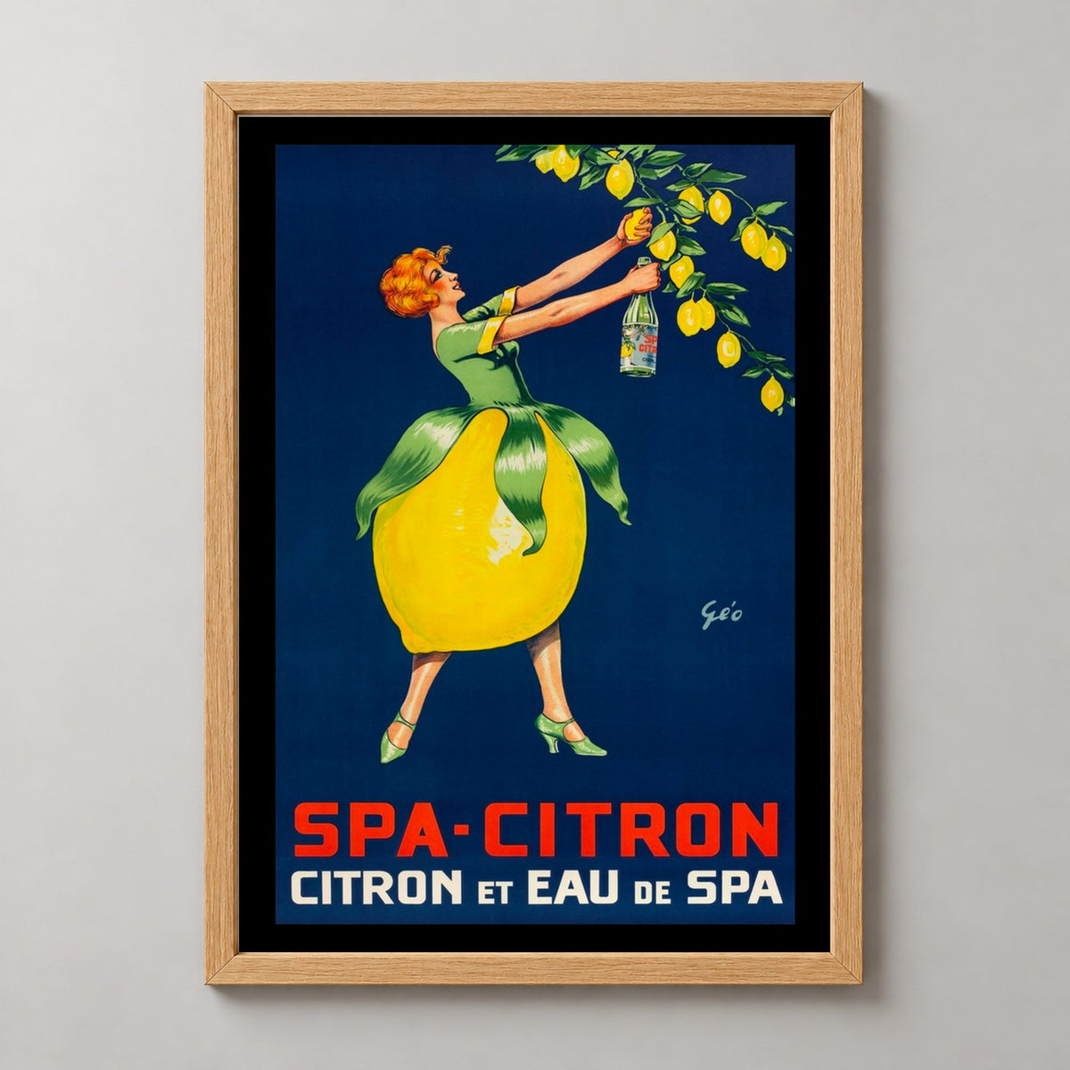 Spa-Citron Vintage Poster by Géo - French Lemon Drink Advertisement — realistic natural wood frame studio view