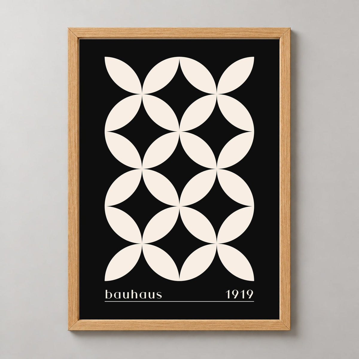 Bauhaus 1919 Geometric Abstract Art Print — realistic natural wood frame studio view