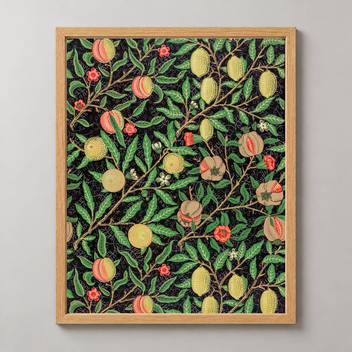 William Morris Fruit Garden - Classic Floral Art Print — realistic natural wood frame studio view