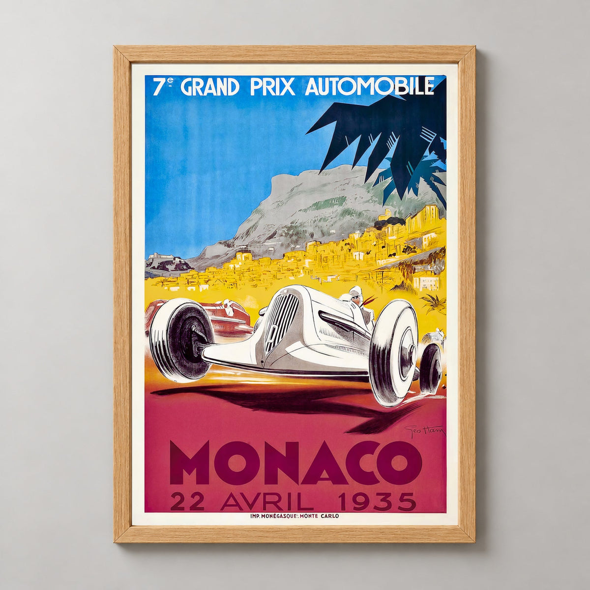 Monaco Grand Prix 1935 Vintage Racing Poster  - Framed/Unframed — realistic natural wood frame studio view