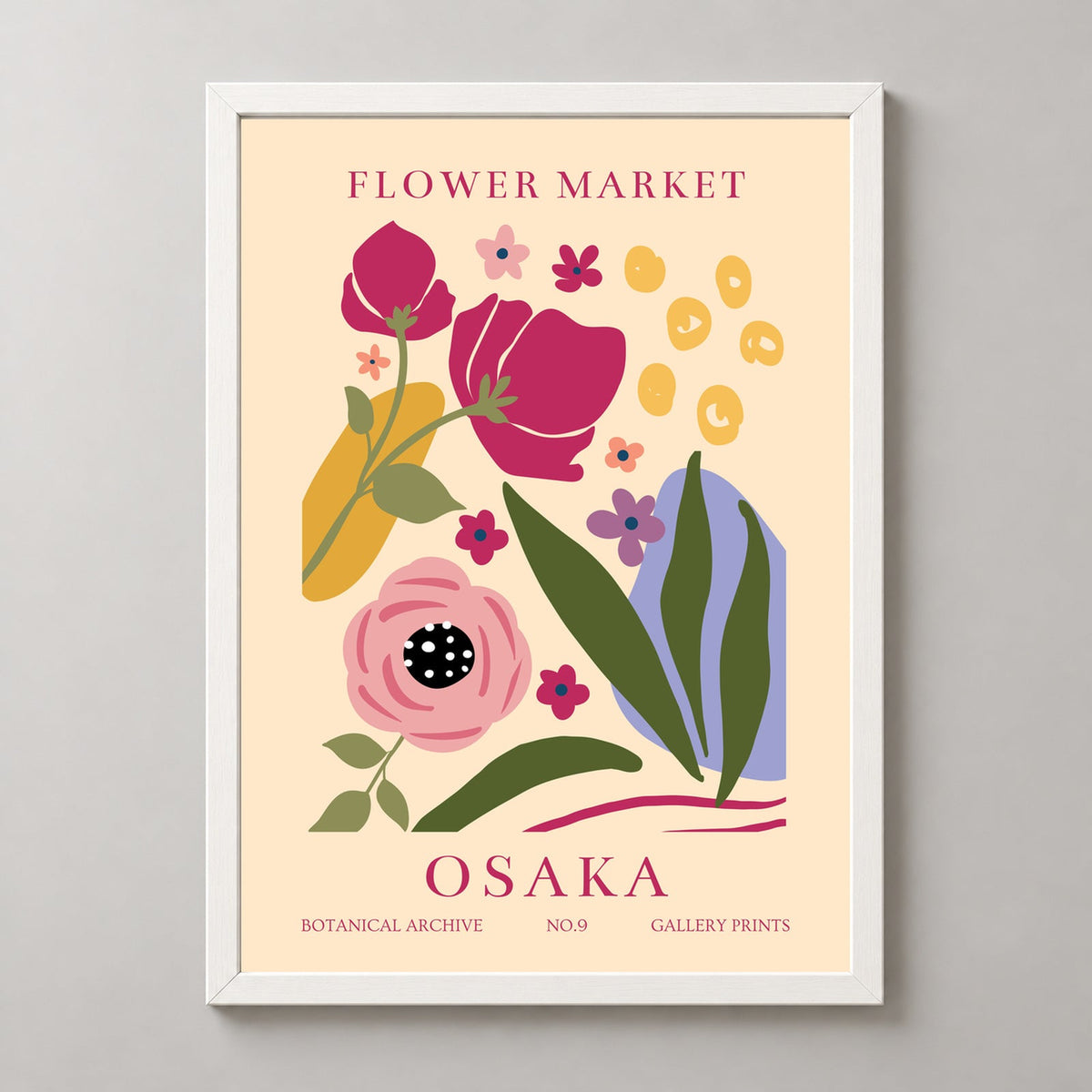 Flower Market Osaka Wall Art Print - Vibrant Botanical Illustration — realistic white frame studio view