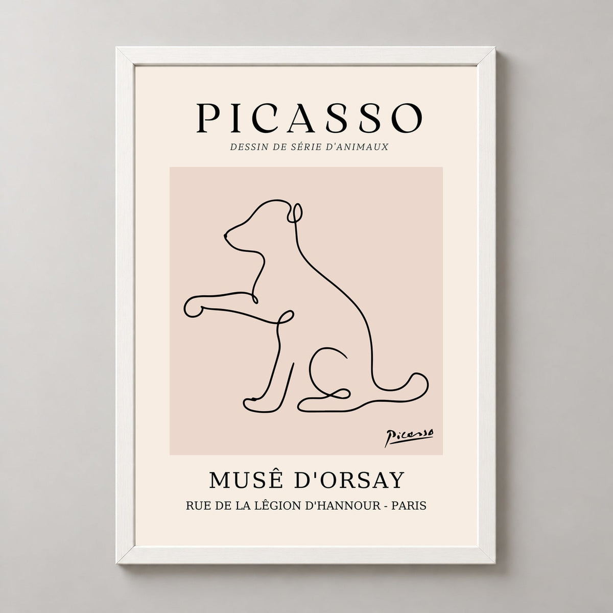 Picasso's Animal Series Drawing - Minimalist Art Print — realistic white frame studio view