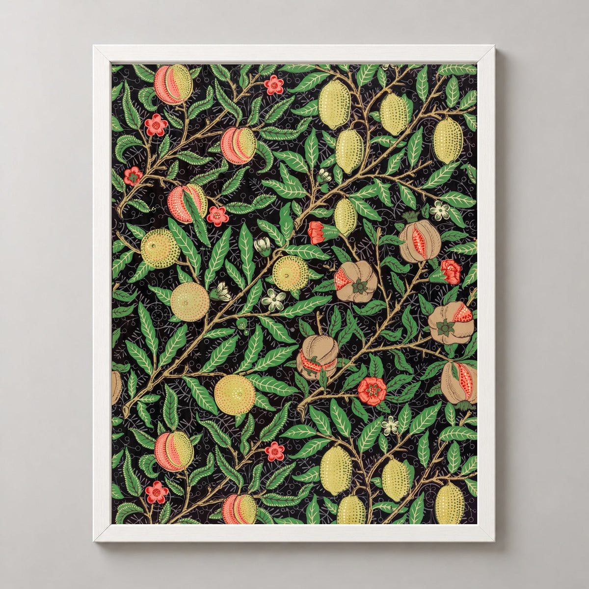 William Morris Fruit Garden - Classic Floral Art Print — realistic white frame studio view