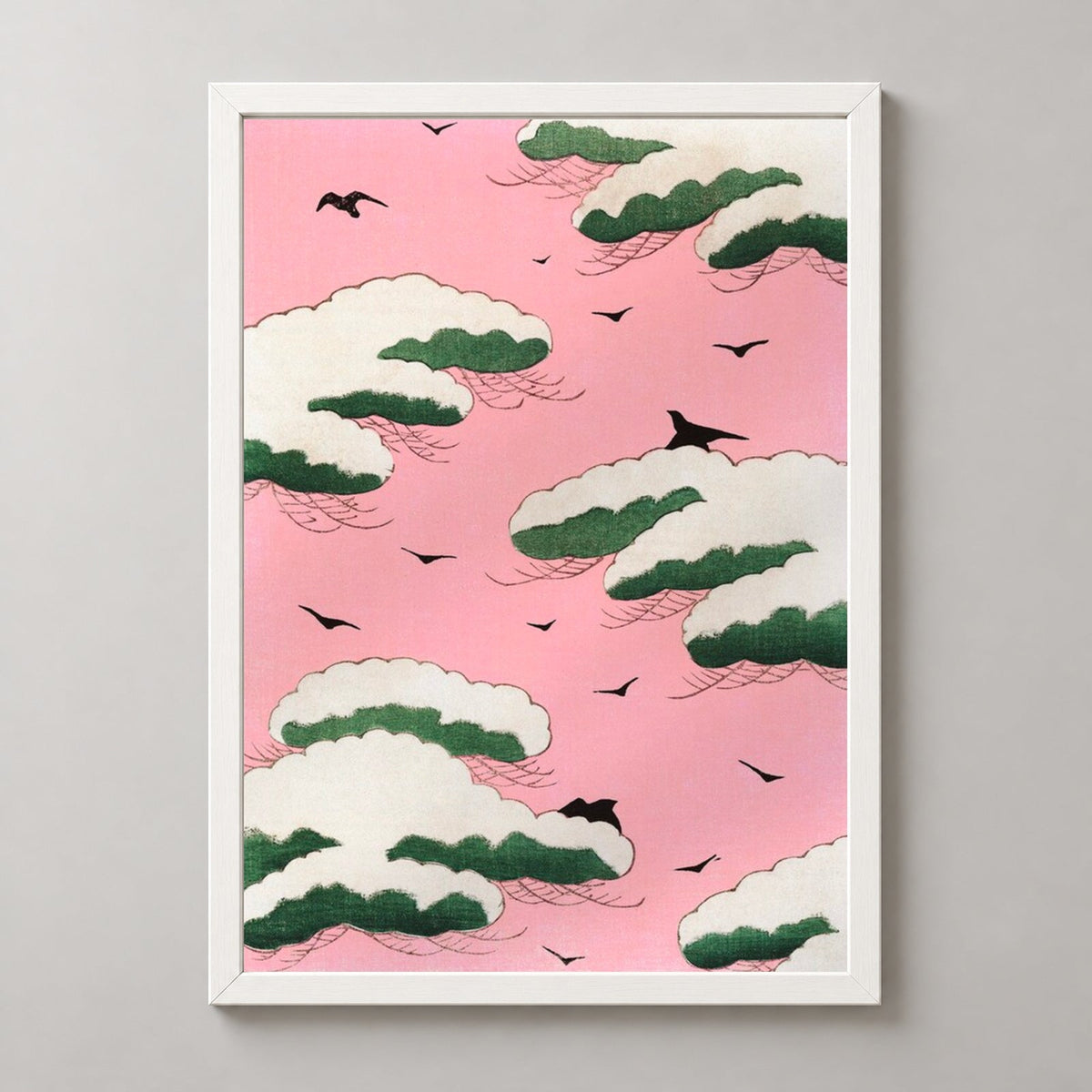 Traditional Japanese Cloud and Birds Print - Serene Art for Home Decor — realistic white frame studio view