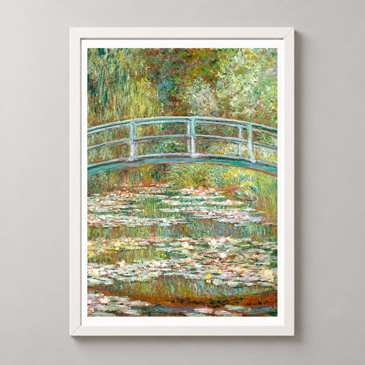Monet’s Japanese Bridge - Iconic Impressionist Art Print — realistic white frame studio view