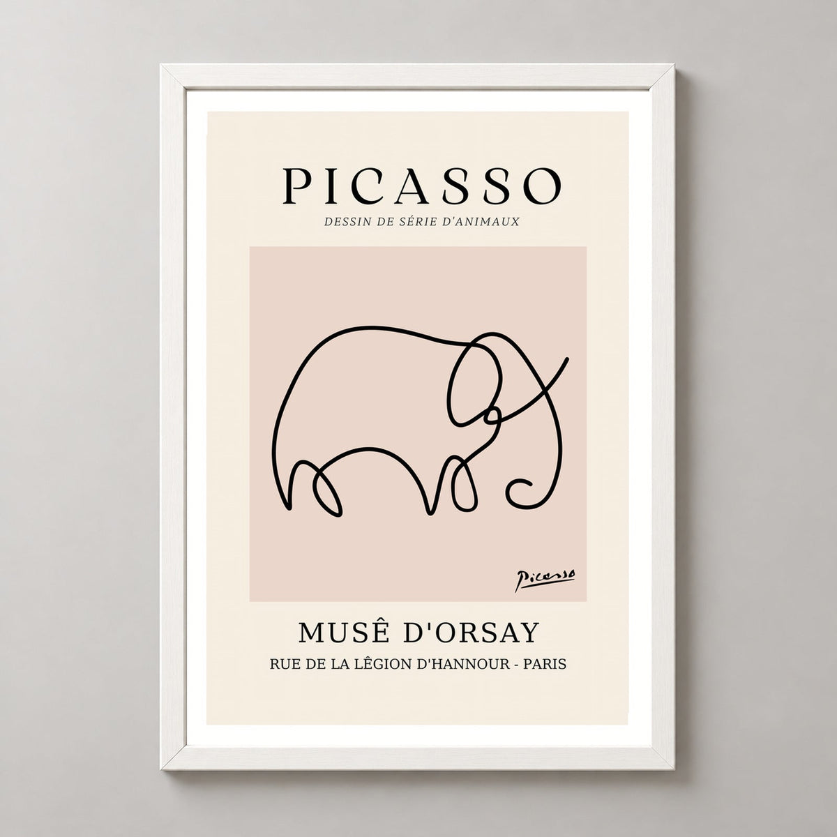 Picasso's Minimalist Elephant - Iconic Line Drawing Art Print — realistic white frame studio view