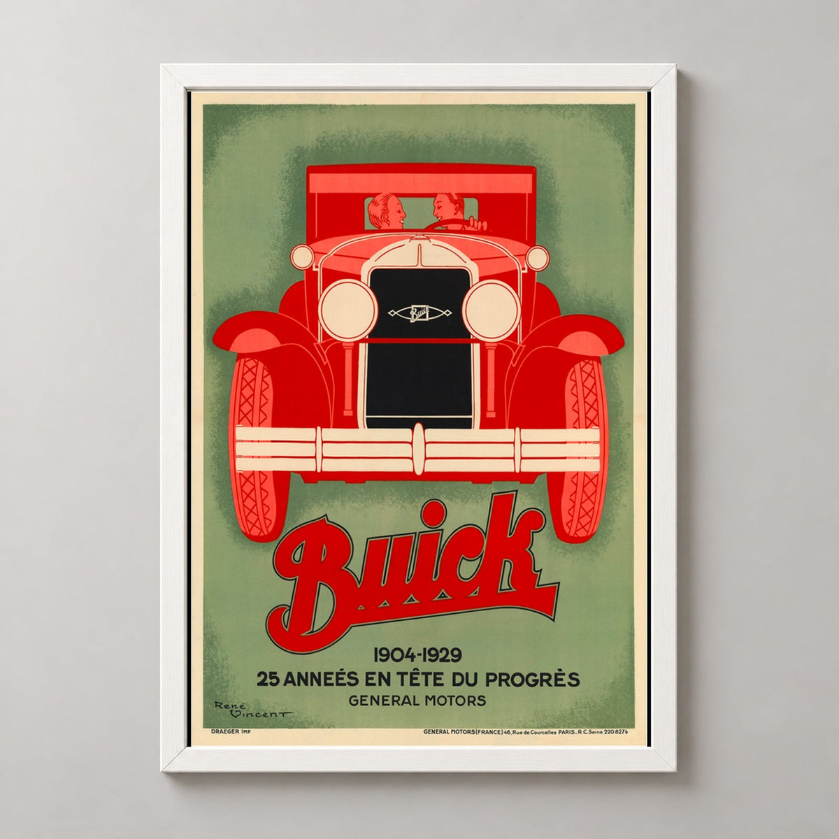René Vincent Buick Vintage Poster - Classic Automotive Advertising Art — realistic white frame studio view