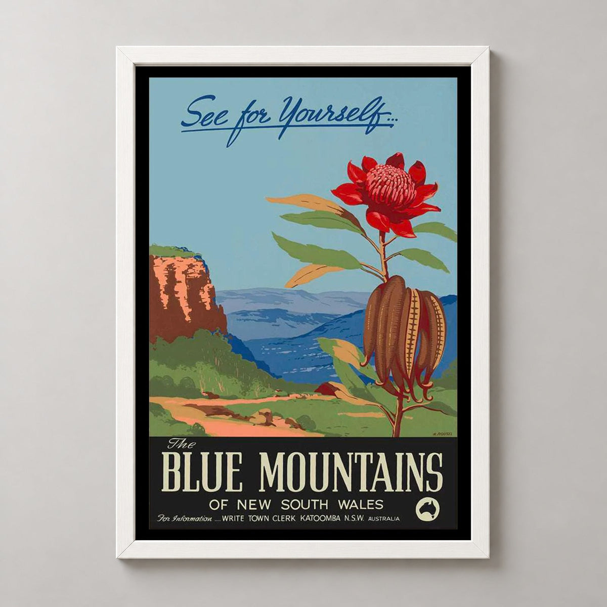 The Blue Mountains of New South Wales - Vintage Travel Poster — realistic white frame studio view