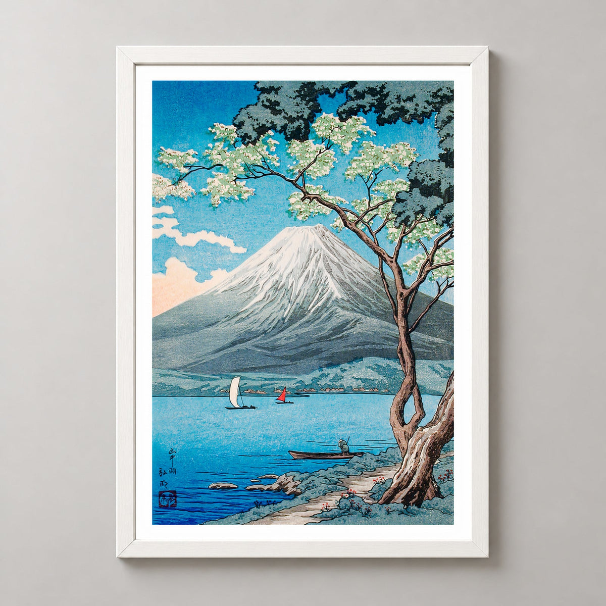 Hokusai's Mount Fuji with Blossoms - Classic Japanese Ukiyo-e Art Print — realistic white frame studio view