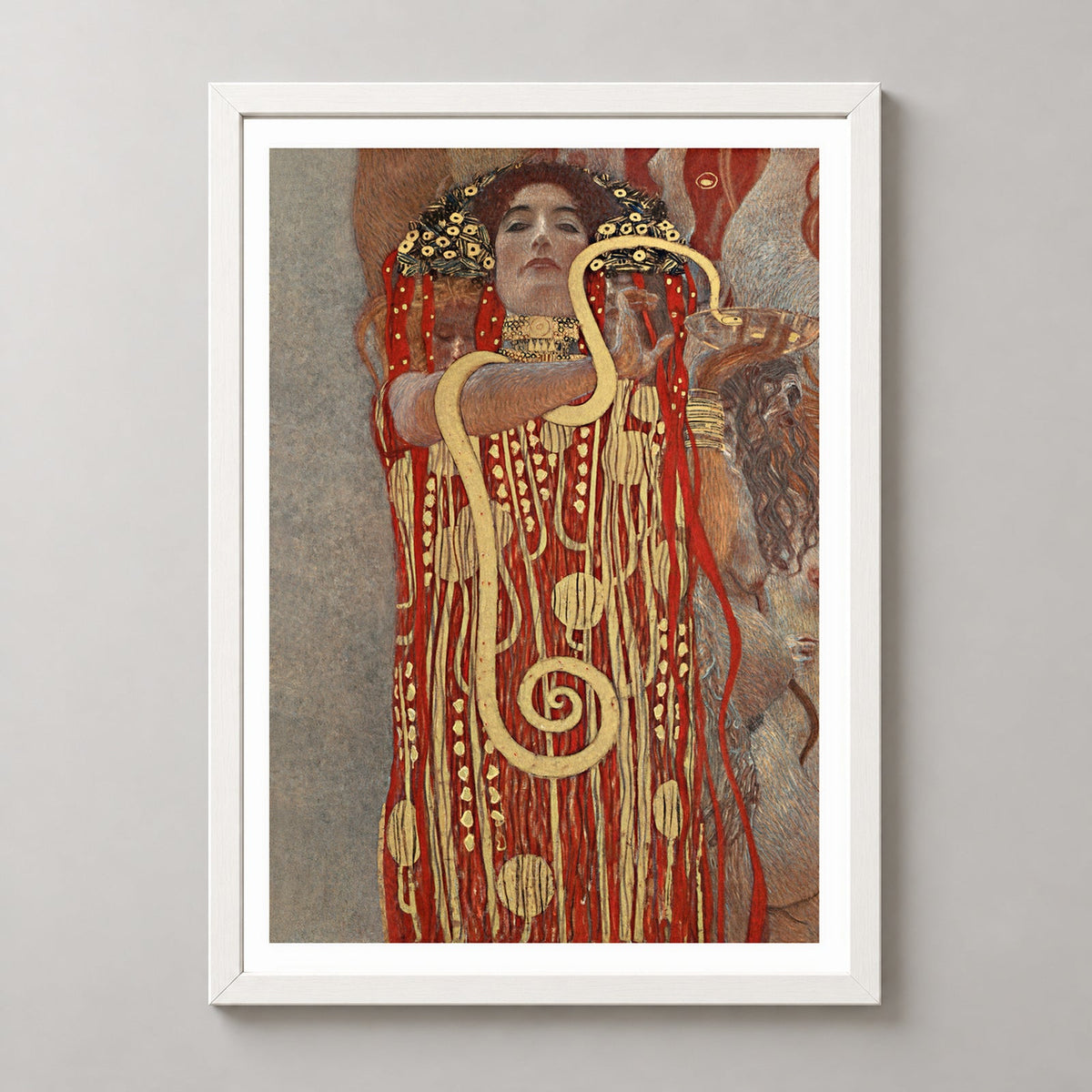Gustav Klimt's Hygieia (1907) - Iconic Art Nouveau Print — realistic white frame studio view