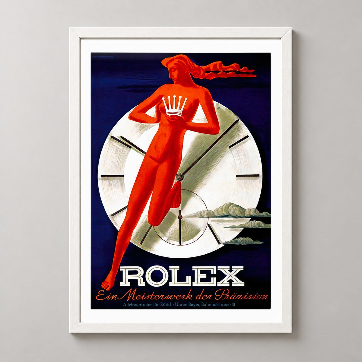 Vintage Rolex Advertising Poster - Iconic Art Deco Timepiece Illustration — realistic white frame studio view