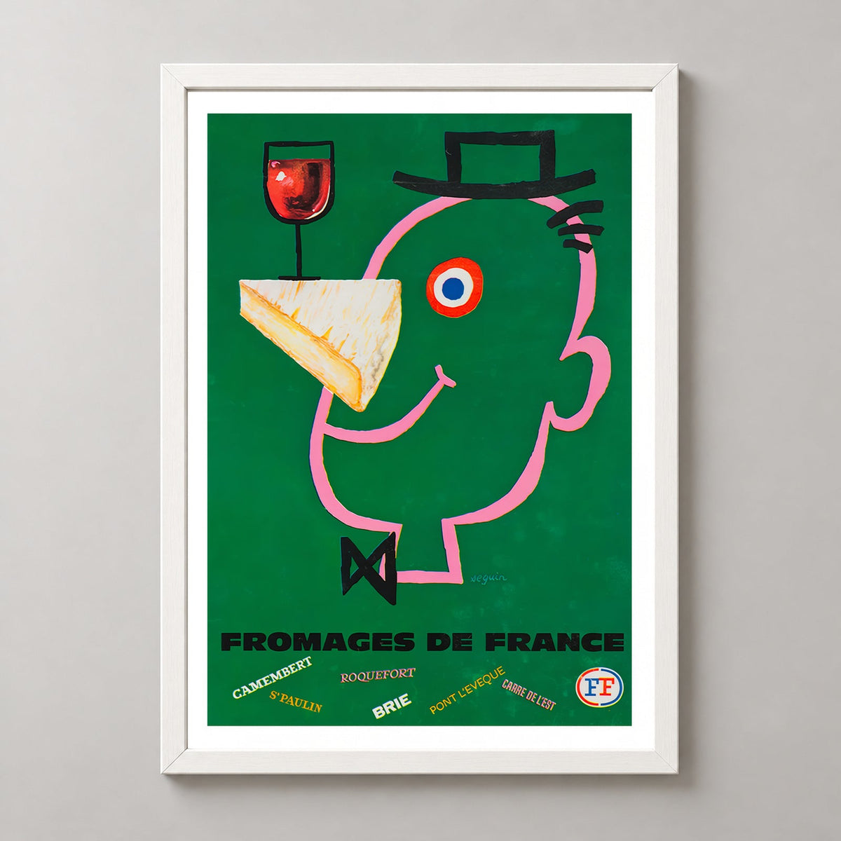 Fromages de France - Vintage French Cheese Poster by Seguin — realistic white frame studio view