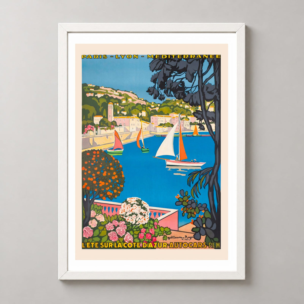 L'été Sur La Cote D'Azur - Vintage French Riviera Art Print by Roger Broders — realistic white frame studio view