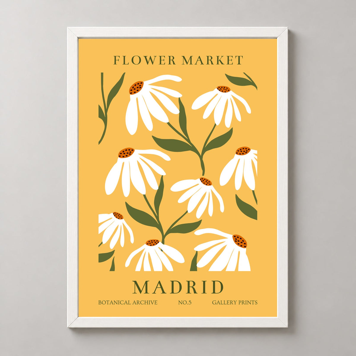 Flower Market Madrid Botanical Archive No.5 Gallery Prints - Floral Art Print — realistic white frame studio view
