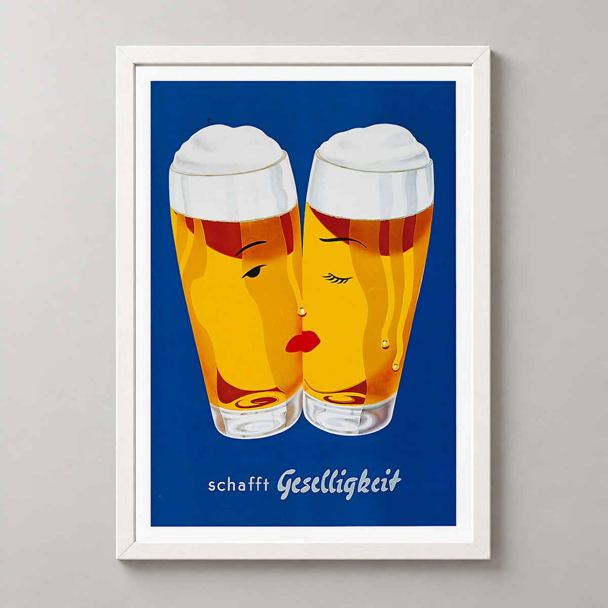 Schafft Geselligkeit Beer Poster - Classic Vintage Advertising Art Print — realistic white frame studio view