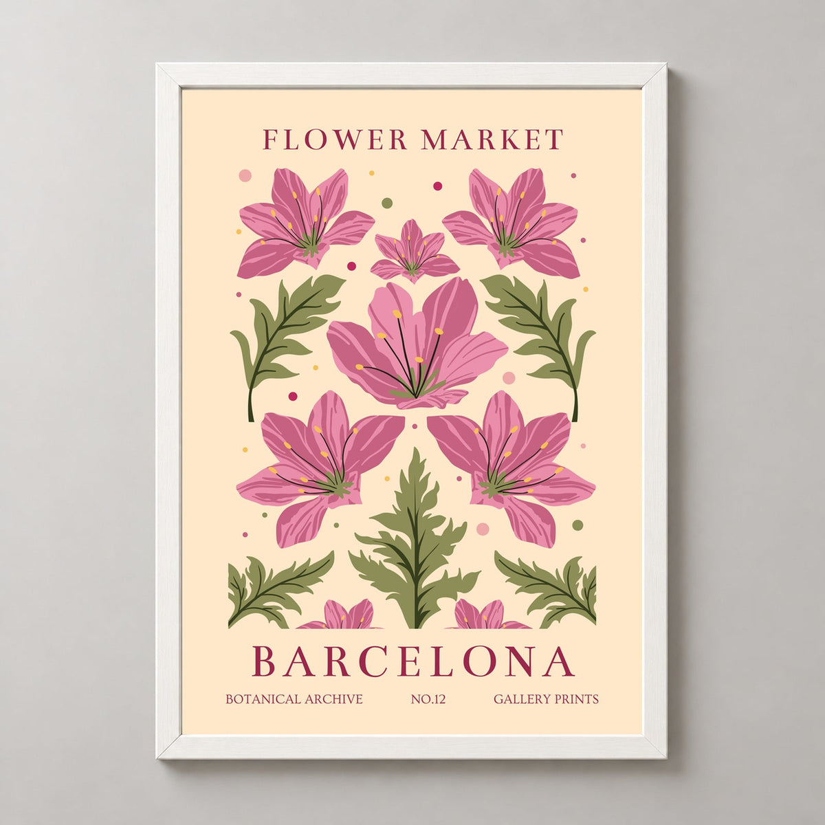 Flower Market in Barcelona - Vibrant Botanical Art Print — realistic white frame studio view