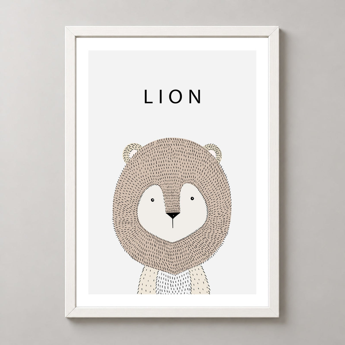 Minimalist Lion Kids Room Art Print — realistic white frame studio view
