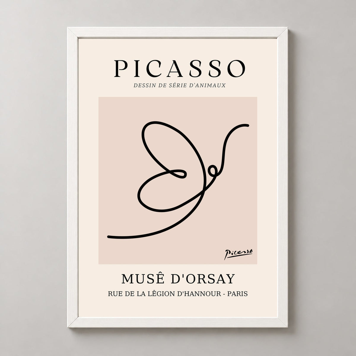 Picasso's Animal Series Drawing - Iconic Minimalist Art Print — realistic white frame studio view