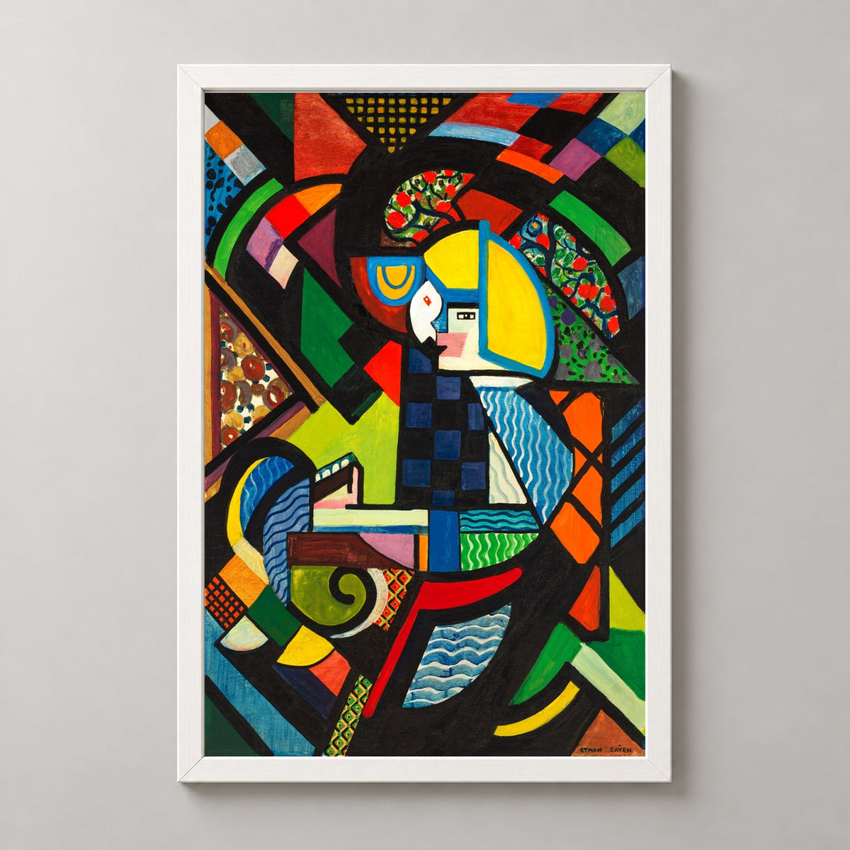 Colorful Abstract Geometric Artwork by Eytan Saban – Vibrant Art Print — realistic white frame studio view
