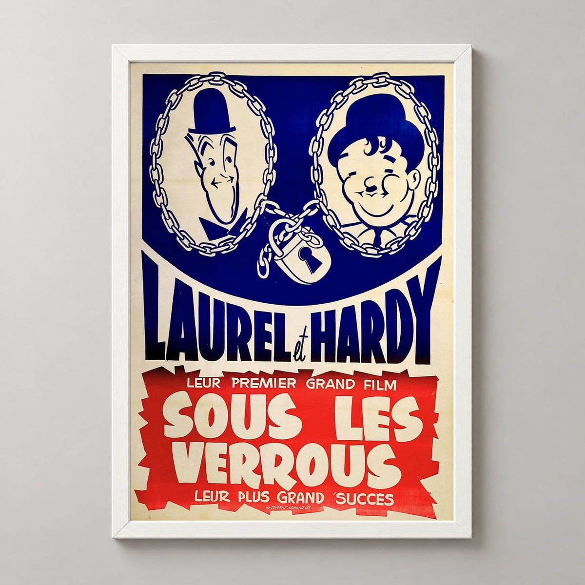 Laurel and Hardy 'Sous Les Verrous' - Vintage Movie Poster Art Print — realistic white frame studio view