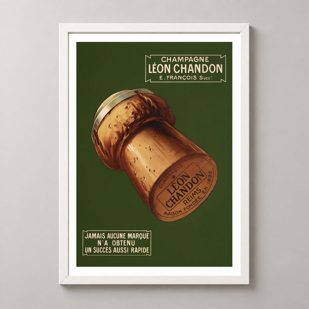 Léon Chandon Champagne Vintage Poster - Classic French Advertising Art Print — realistic white frame studio view