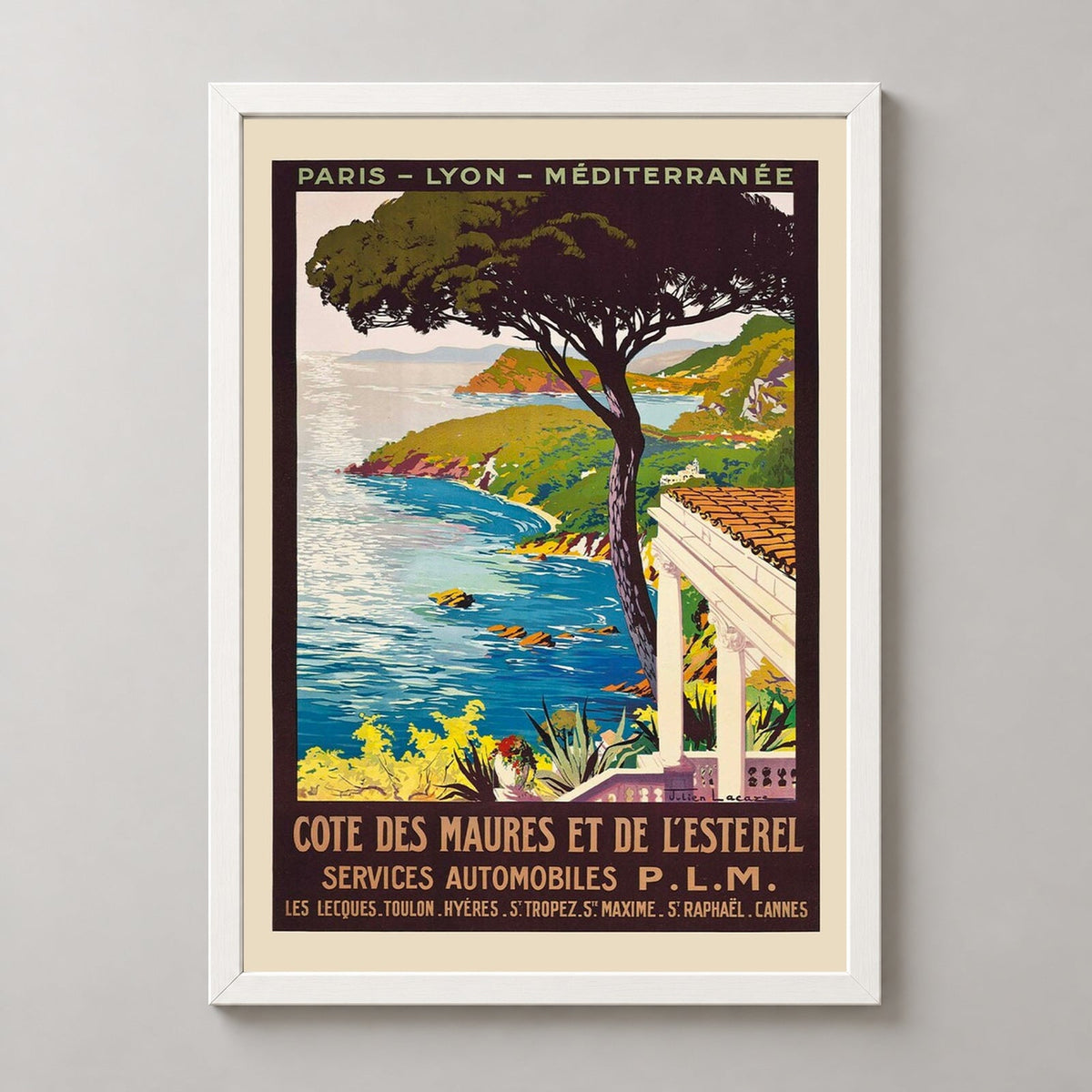 Côte des Maures et de l'Estérel Art Print - Vintage Mediterranean Travel Poster — realistic white frame studio view