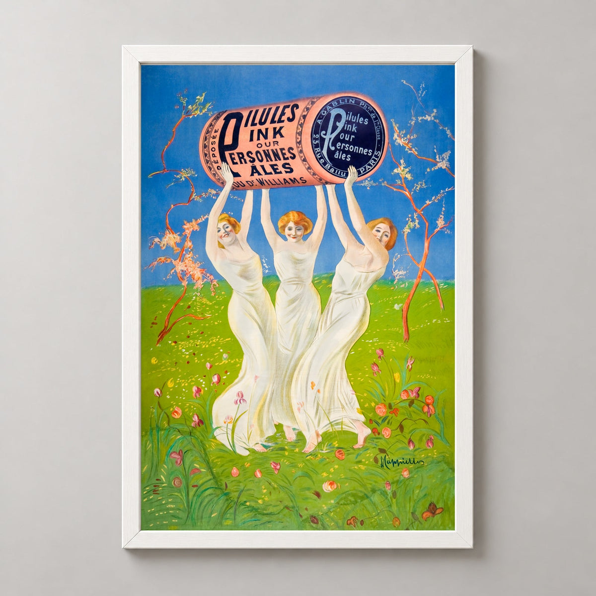 Vintage Art Nouveau Poster by Dr. Williams - Three Women with Pillules Ink — realistic white frame studio view