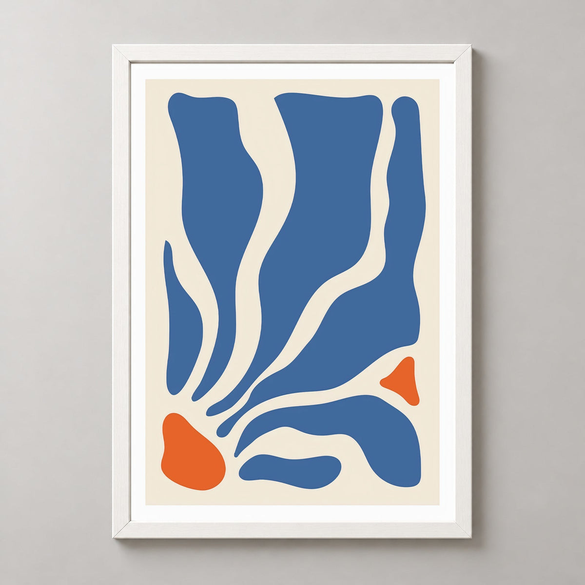Modern Abstract Blue and Orange Art Print — realistic white frame studio view