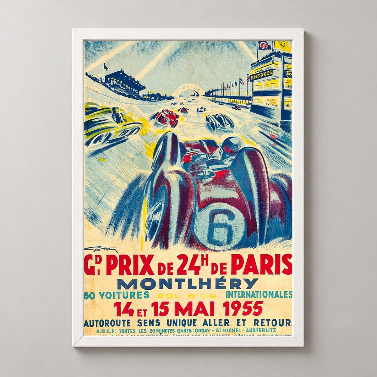 Grand Prix de 24H de Paris 1955 - Vintage Racing Poster by Geo Ham — realistic white frame studio view