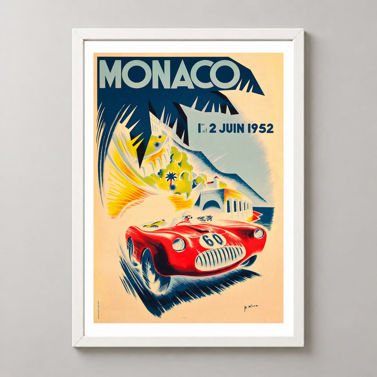 Monaco Grand Prix 1952 Poster by Bernard Minne — realistic white frame studio view
