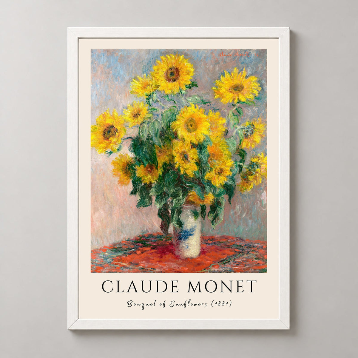 Claude Monet's Bouquet of Sunflowers (1881) - Classic Impressionist Art Print — realistic white frame studio view