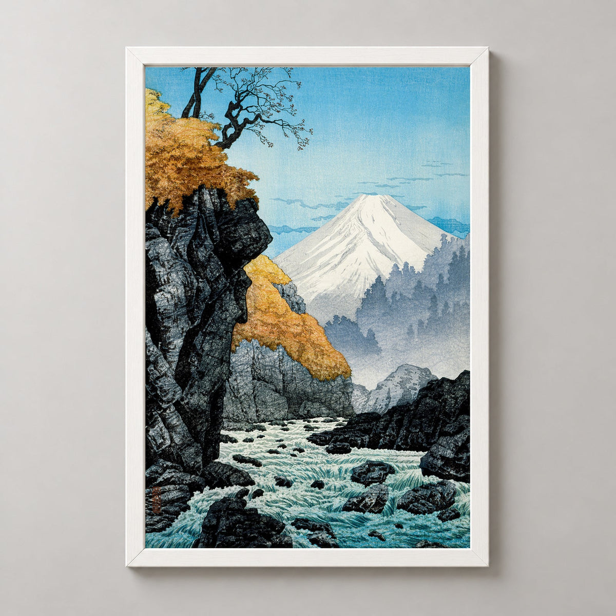 Scenic Mountain River Japanese Ukiyo-e Art Print — realistic white frame studio view