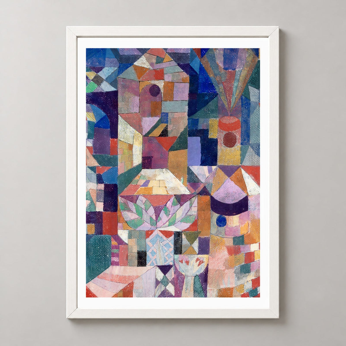 Paul Klee's Castle and Sun - Geometric Abstract Art Print — realistic white frame studio view