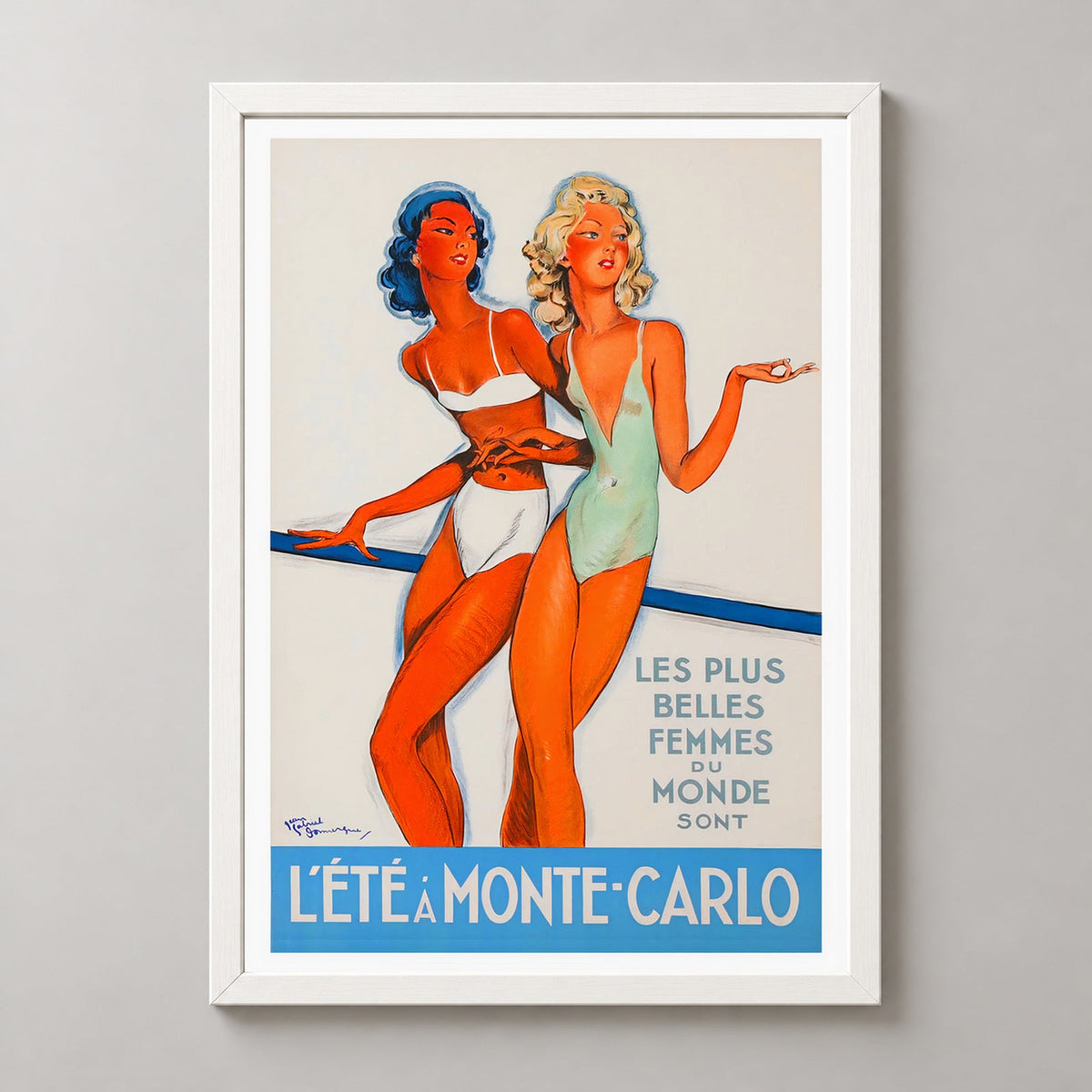 L'Été à Monte-Carlo - Vintage Poster Art Print by Jean Gabriel Domergue — realistic white frame studio view