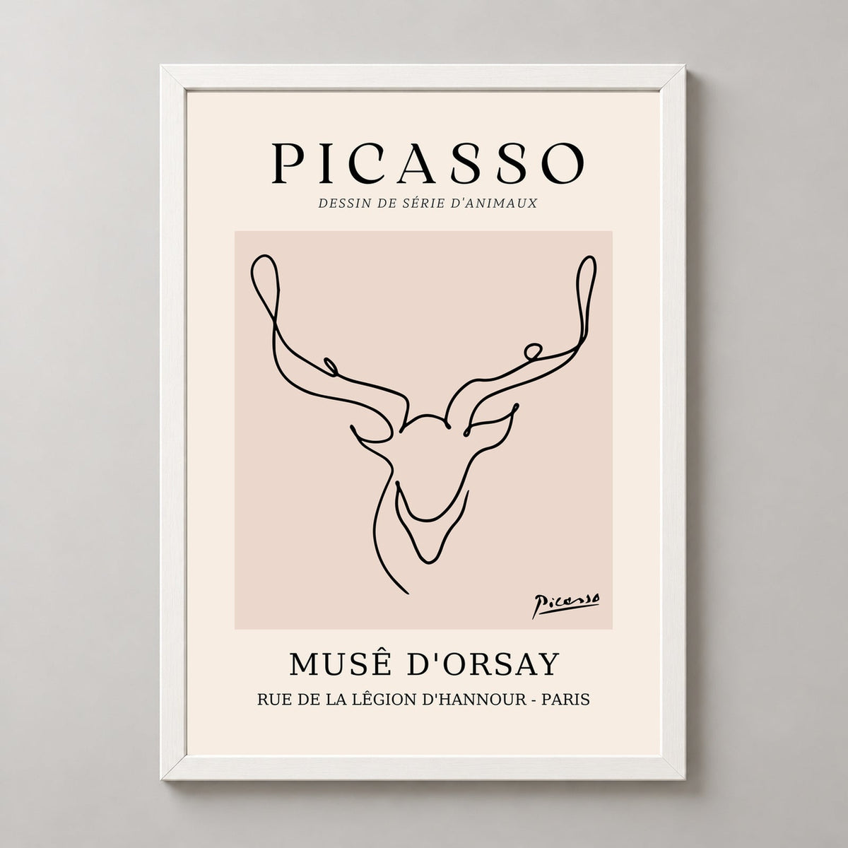 Picasso's Drawings of Animals - Minimalist Art Print — realistic white frame studio view
