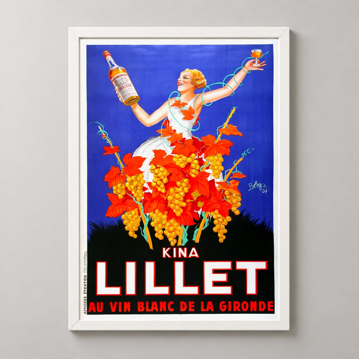 Kina Lillet Vintage Poster by Roby - 1937 French Advertising Art — realistic white frame studio view