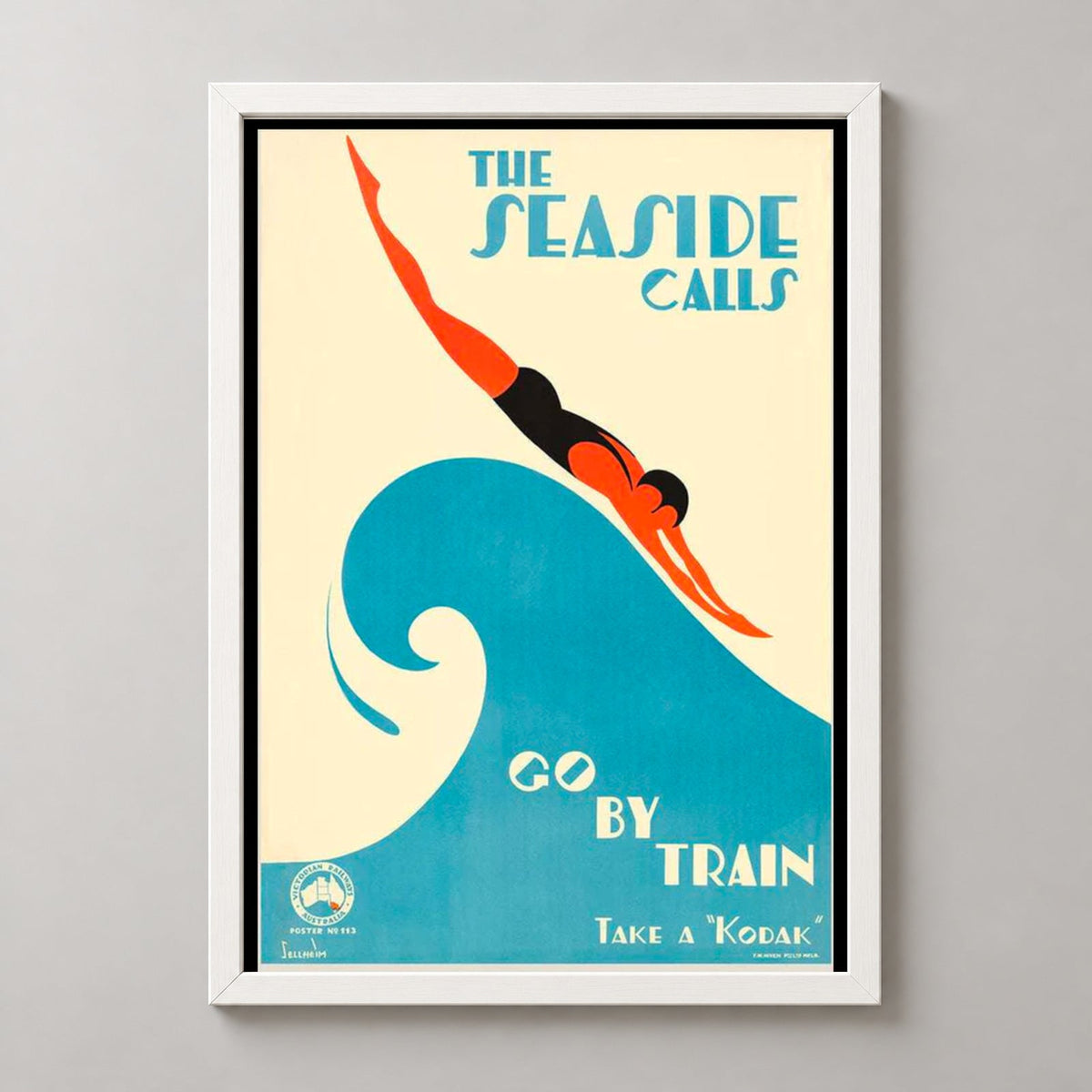 The Seaside Calls Vintage Travel Poster - 1930s Australian Art Print — realistic white frame studio view