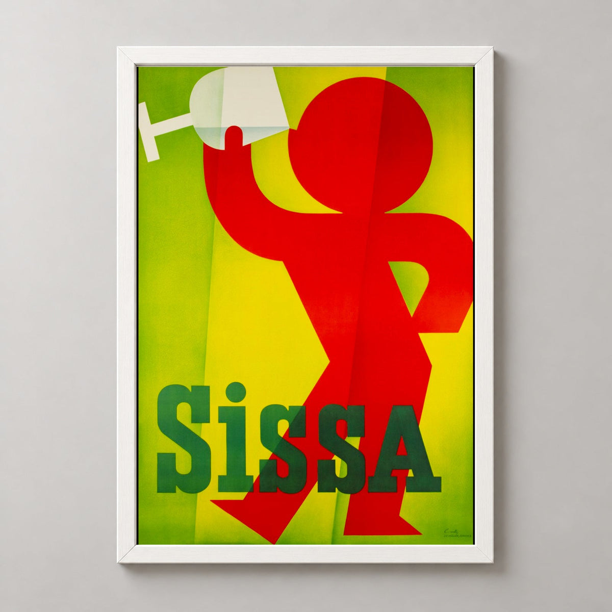 Vintage Sissa Poster - Minimalist Red Figure with Wine — realistic white frame studio view