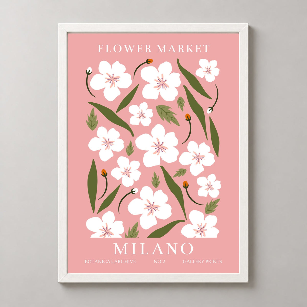 Milano Flower Market Botanical Print - Vintage Style Art — realistic white frame studio view
