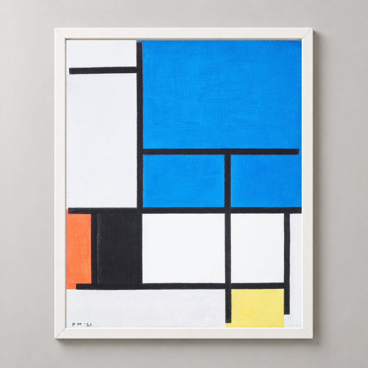 Piet Mondrian Composition with Blue, Black and Yellow — realistic white frame studio view