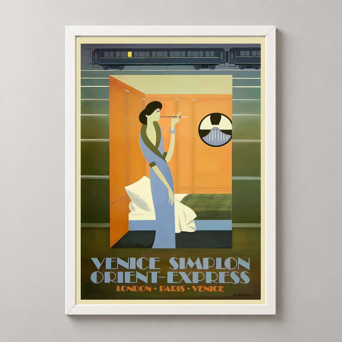 Vintage Venice Simplon Orient-Express Art Print - Timeless Travel Poster — realistic white frame studio view