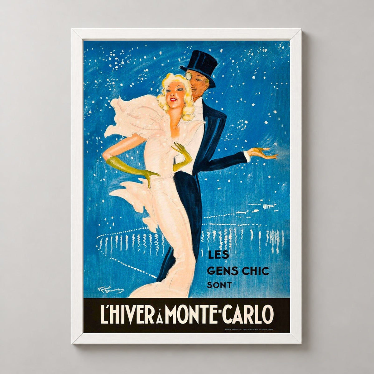 L'Hiver à Monte-Carlo - Chic Vintage Dance Poster by Jean-Gabriel Domergue — realistic white frame studio view